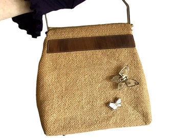 vintage 1960er Jahre Schmetterling Handtasche aus Stroh mit Messing Griff