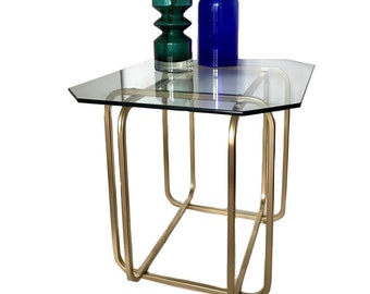 Mid Century 1970s brass glass coffee table /  1980s Hollywood Regency gold metal accent end table / side table made in Canada