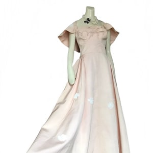 1950s pink white Dress and cape / 50s floral embroidery cocktail party dress / Rockabilly pin up dress Small