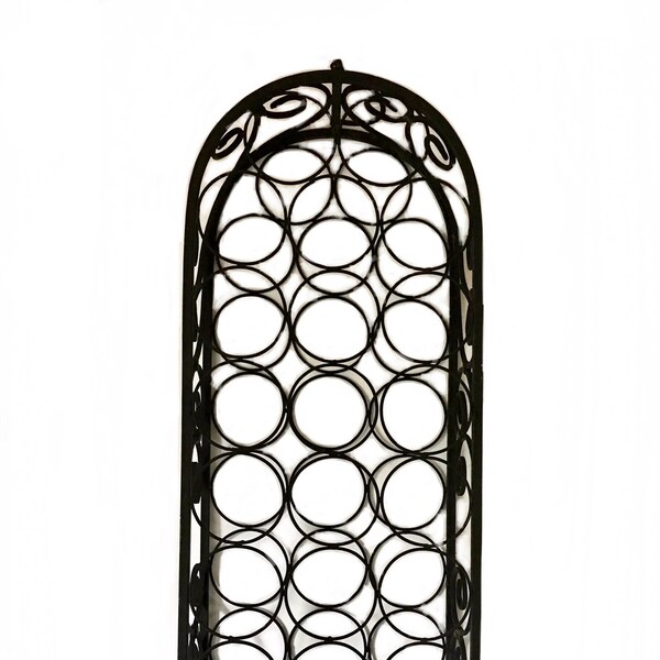 modernist black metal wine bottle rack mid century floor wine holder Umanoff style / 1970s bar ware kitchen wine storage
