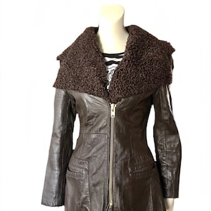vintage 1930s brown genuine leather jacket/  1940s motorcycle biker jacket with  curly lamb collar /Unisex size small