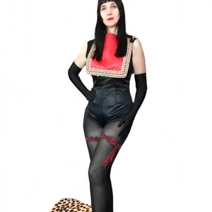 vintage 1950s black red satin rhinestone variety showgirl costume /Pinup Burlesque satin Broadway dance costume / sparkling Circus Showgirl