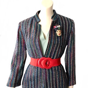 Jaqueta de malha de lã listrada da década de 1970 / década de 1940 / blazer swing da segunda guerra mundial filme noir tamanho 8 Médio / fabricado nos EUA