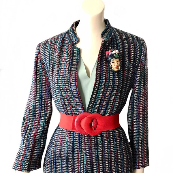 1970s does 1940s striped wool knit jacket /  WWII swing blazer film noir size 8 Medium / made in USA