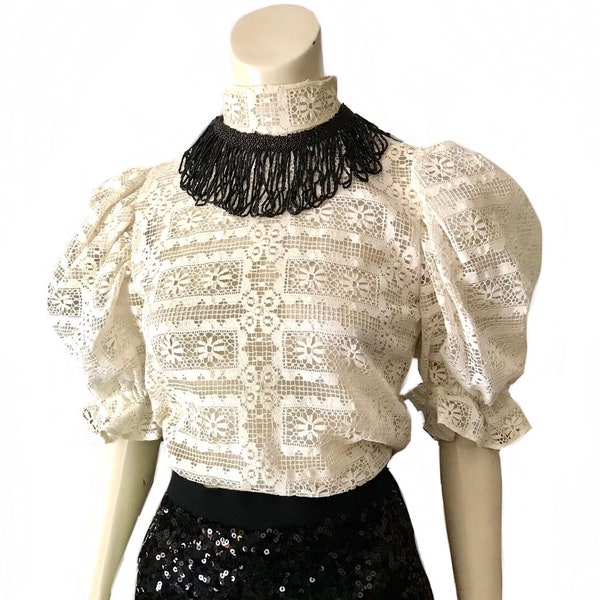 Deadstock 1960s white lace blouse  / 60s mod puffed sleeve top / Victorian style top / made in USA