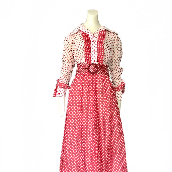 size Small 1960s Serbin Muriel Ryan red white polka dot dress  / 1970s gown boho maxi cocktail dress