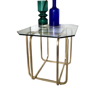 LOCAL PICK UP only mid Century 1970s brass glass coffee table /  1980s Hollywood Regency accent end table / side table made in Canada /