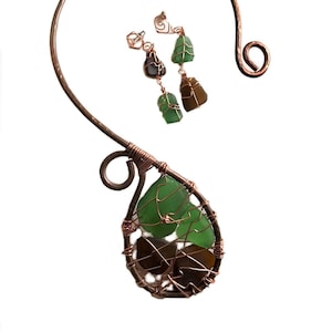 vintage 1970s Artisan studio brutalist modernist glass copper metal torque Necklace choker and earrings /  mid century statement jewelry