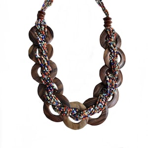 large statement chunky wood discs beaded bib necklace / 1990s post modern glass beads braided multi strand necklace