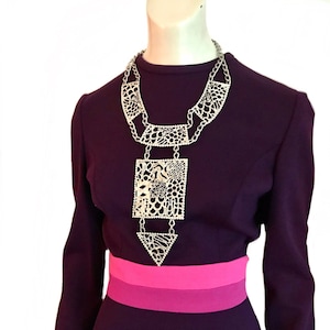 large vintage 1960s brutalist silver tone pendant necklace / 60s modernist filigree abstract mod bib necklace