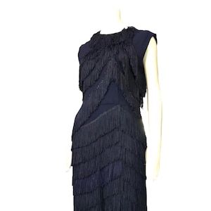 vintage 1940s 50s blue rayon fringe showgirl dancer wiggle dress / Mid Century 50s Rockabilly cocktail pinup pencil dress