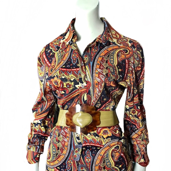 vintage 1960s Aladdin paisley jersey shirt / 1970s boho hippie multi color blouse / US size 10