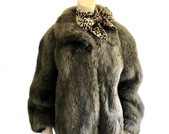 vintage 1970s does 1940s silver brown faux mink fur coat/ 40s style winter jacket size Large