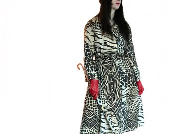 vintage 1970s 80s leopard print trench coat  /  fit and flare lucite buttons wide skirt long jacket made in USA