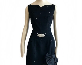 1950s black rhinestone bow wiggle Dress / Mid Century 50s sleeveless party cocktail dress / Rockabilly pin up dress