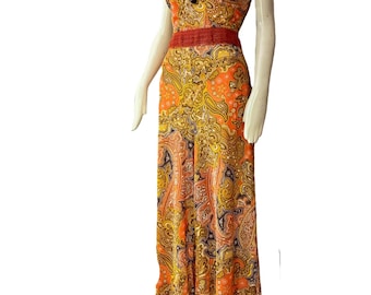 Vintage 1960s psychedelic paisley Print multi color Jumpsuit /  Mod Tiki Palazzo Pants - size medium