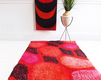 RESERVED -mid century modern red abstract Rya rug / 1960s modernist rug / mid century home decor