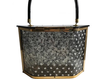 vintage 1950s lucite lace brass box purse / 50s glitter evening purse / Mid Century Rockabilly purse handbag