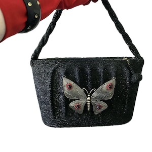 vintage 1940s upcycle novelty butterfly black glass seed beaded purse/ art deco evening purse / rockabilly film noir bag