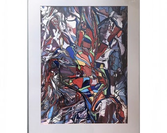 original 1980s Post Modern Abstract blue red abstract acrylic Painting/  80s framed wall art