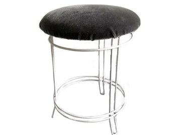 mid century style white metal stool / modernist gray velvet round ottoman/ vanity chair bench