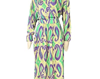 Vestido cruzado multicolor de diseñador francés de finales de los años 70 y principios de los 80 / Anastasia, Francois Viannay, hecho en Francia, París, talla 40 EUR, 12 EE. UU.