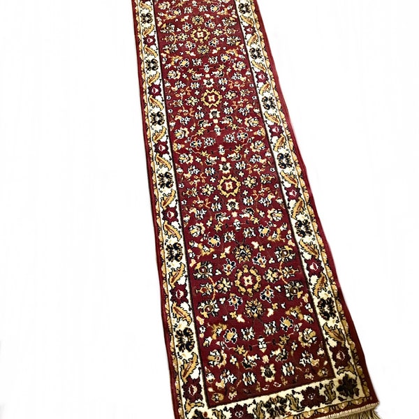 vintage 1960s long Oriental style burgundy red hallway runner / woven Sarouk style accent rug/ mid century modern Boho rug