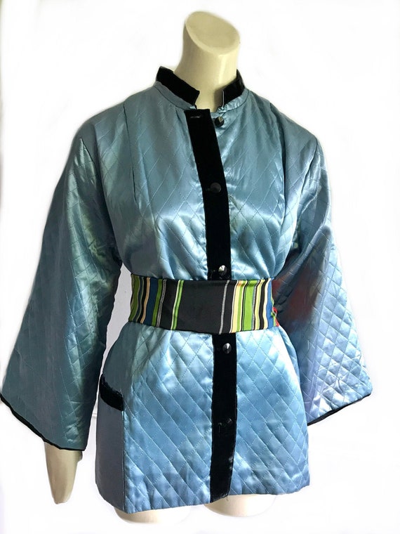 1940s blue and black satin velvet quilted flared s