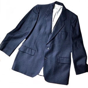 Pierre Cardin Couture 1970s blue wool pinstripe suit jacket  / 70s French designer blazer /Workers of America  label size Large