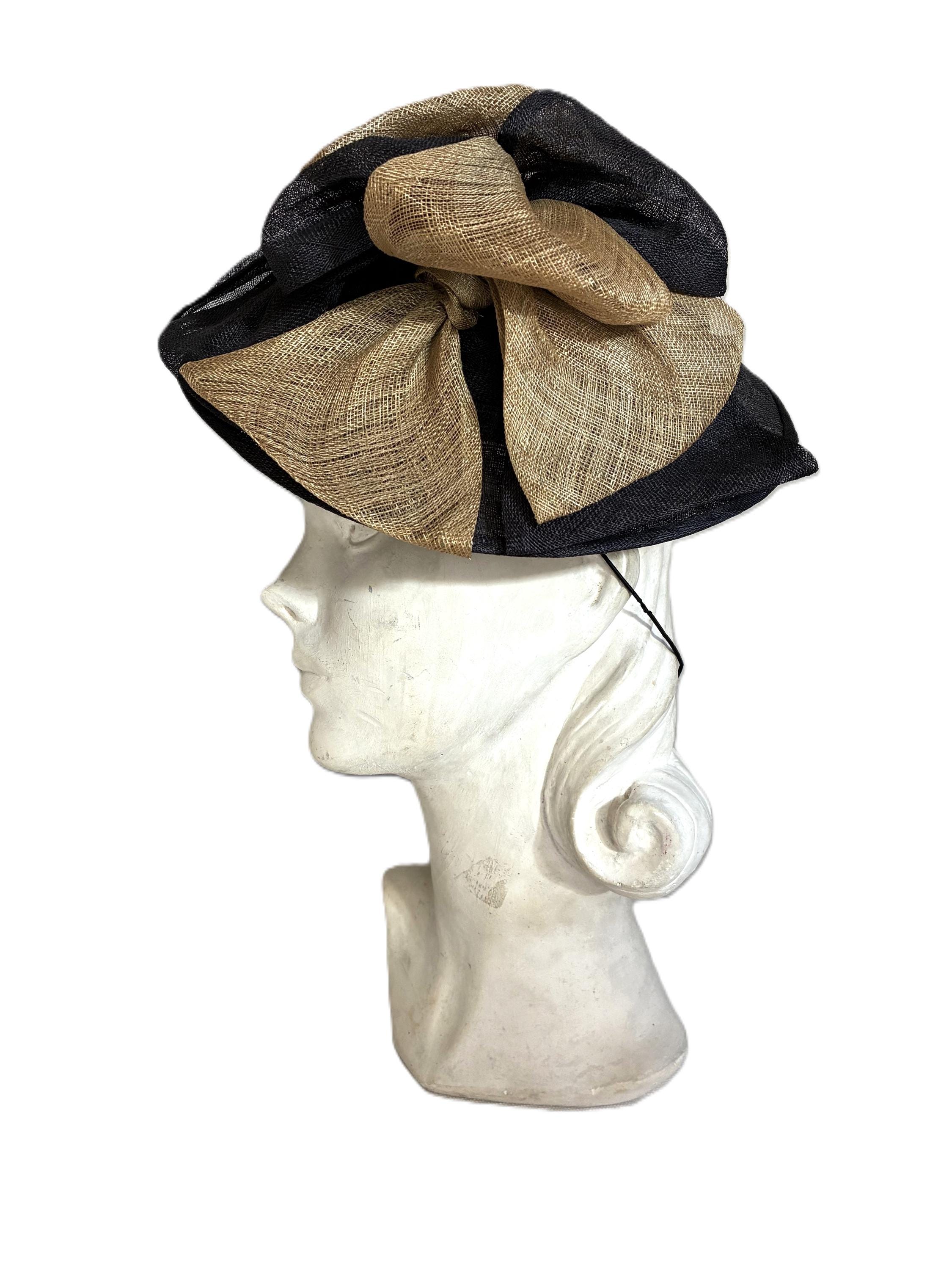 Vintage 1930s Blue Gold Straw With Bows Hat / 30s Sculptural  display picture 1
