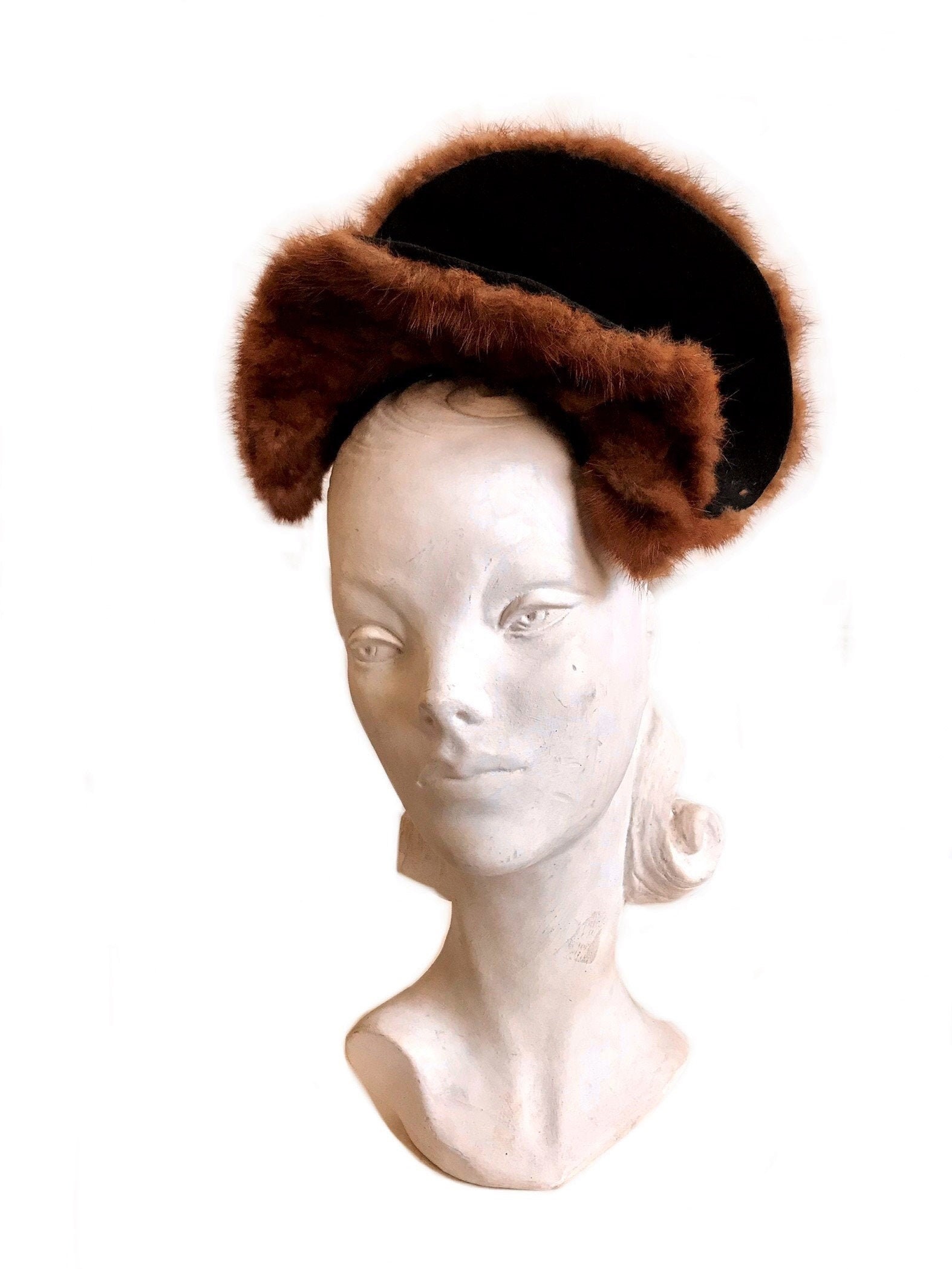 Vintage 1930s 1940s Genuine Brown Mink Fur Ladies Hat / 40s 