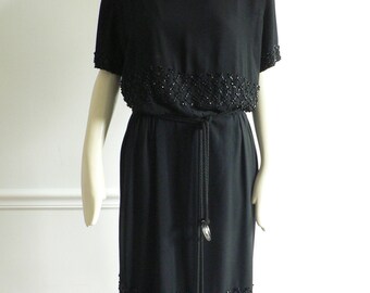 1940s Black Crepe Dress by Branell / film noir dress / WWII swing era dress/ 40s beaded dress