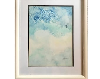 signed vintage 1970s blue abstract watercolor painting /Abstract Expressionist art