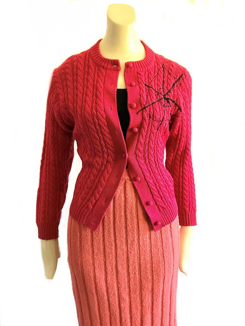 Vintage 1950s Embroidery Spider  Pink Cardigan Pin up Etsy