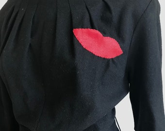 size 12/14 vintage 1950s novelty red lip black wool wiggle dress / Upcycle 50s Rockabilly cocktail little black dress / SEO Collection