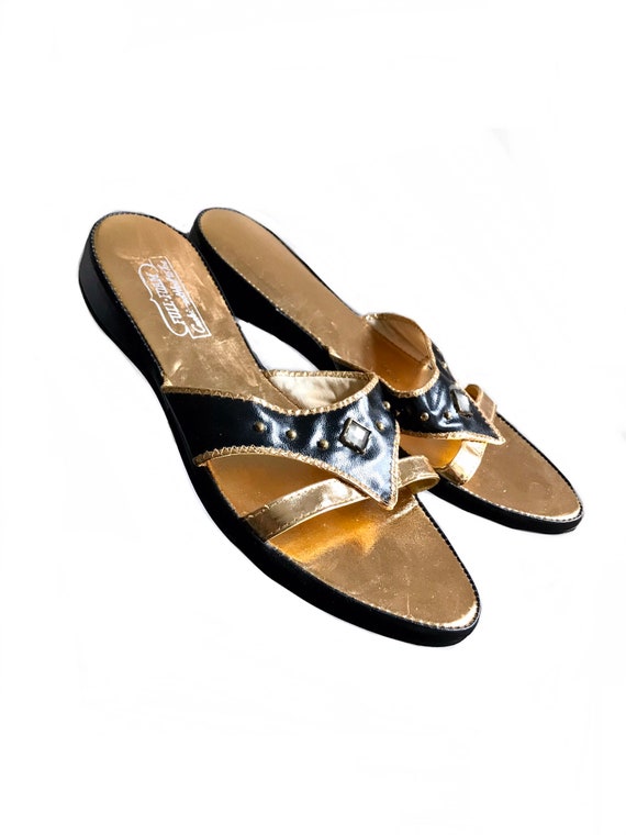 vintage 1960s black gold studded summer slippers … - image 1