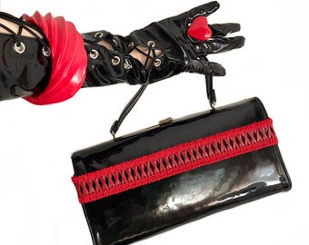 vintage 1950s black patent leather red purse / rockabilly handbag/ 50s evening bag