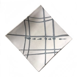 signed ceramic abstract hand painted art dish / 1980s Post Modern white gray bowl