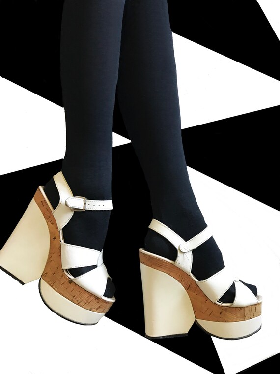 vintage 1970s white leather and cork glam rock dis