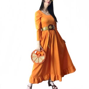 vintage 1960s orange jersey ruffle empire waist maxi dress / 70s fit and flare stretch dress size Small/Medium