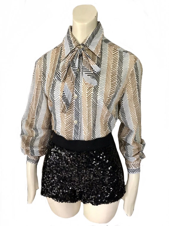 European Vintage 1970s Brown Black White Stripe Bow Ascot Tie 