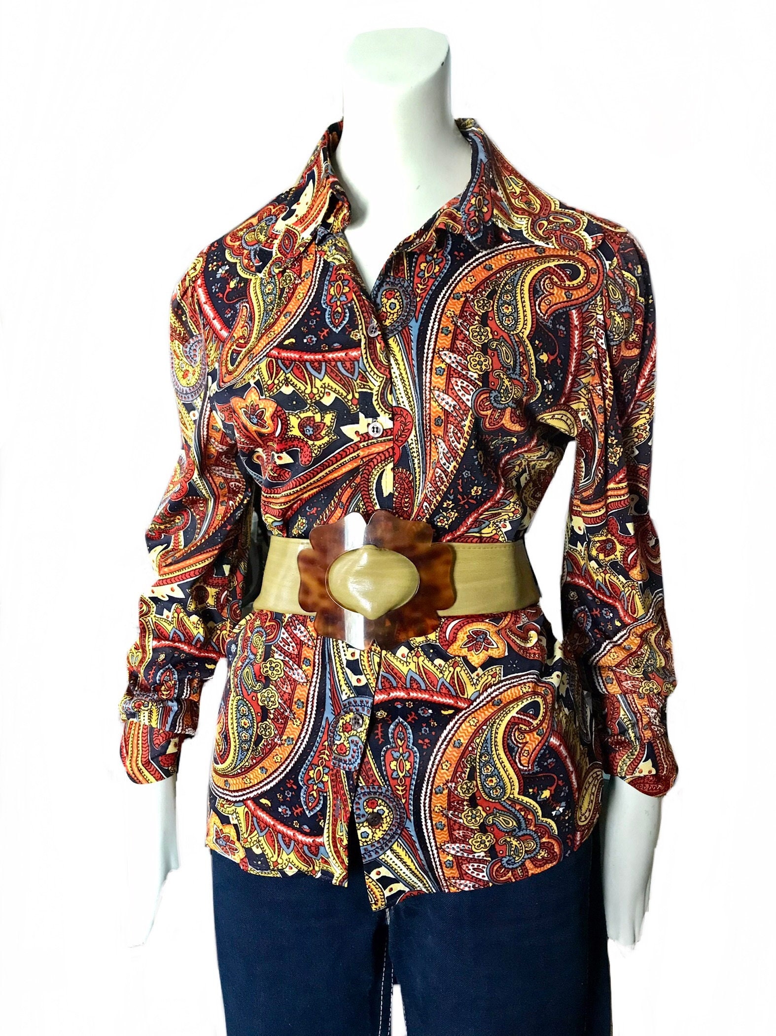 Vintage 1960s Aladdin Paisley Jersey Shirt / 1970s Boho Hippie  