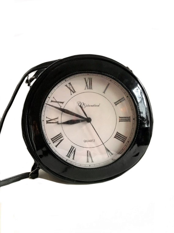 1970s 80s novelty round clock purse / black patent