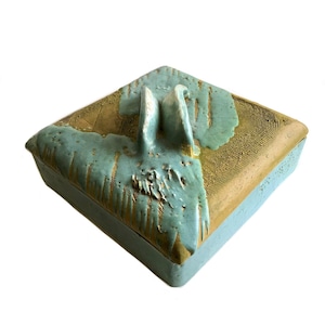 signed vintage Art Deco Mid Century turquoise blue ceramic box with lid / large art studio pottery lidded box