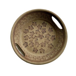 signed  large ceramic sculptural leaf art studio pottery bowl with handles /  1970s Modernist decorative fruit bowl plate