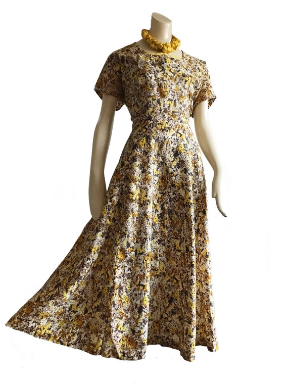 size US 12 1950s yellow brown speckle rayon Dress… - image 4