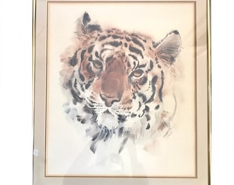 signed Mid Century tiger fine art print / vintage 1970s limited edition framed animal portrait lithograph