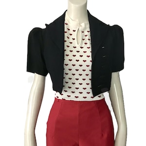 vintage 1930s black wool short bolero jacket / 1940s film noir WWII swing  cropped tailored blazer/ Size Small