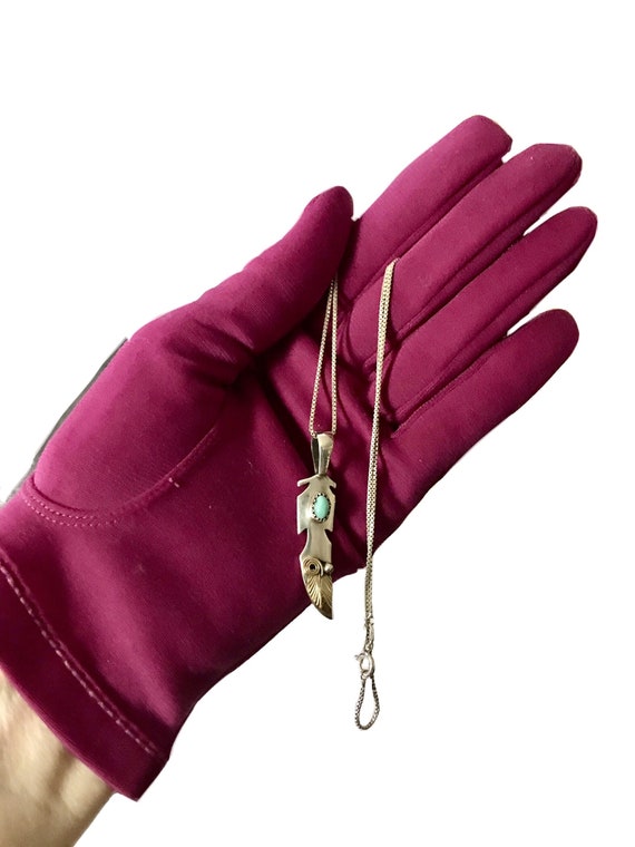 signed Turquoise stone Feather Shape Sterling Sil… - image 3