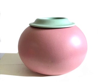 Signed Masa Mami Large Post Modern pink green art pottery vase/ vintage 1980s Treasure craft Art Deco Modernist ceramic vase